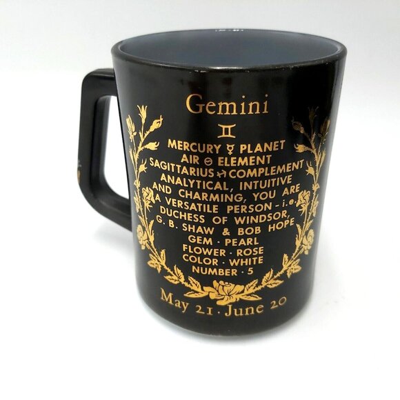 Federal Glass Zodiac Mug-Black and Gold-Milk Glass-1970s-Gemini the Twins - Picture 2 of 3